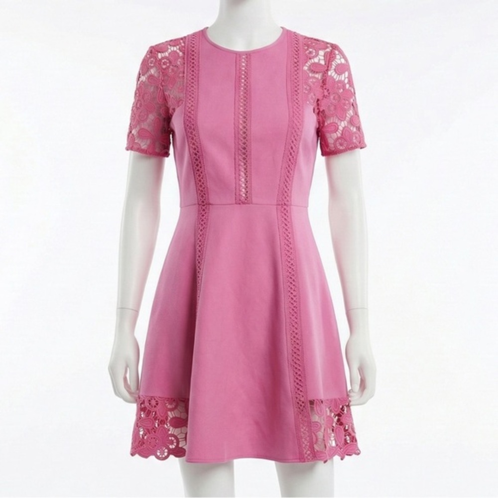 ASOS Pink Crochet Lace Panel Fit Flare Mini Skater Dress Short Sleeve Wedding